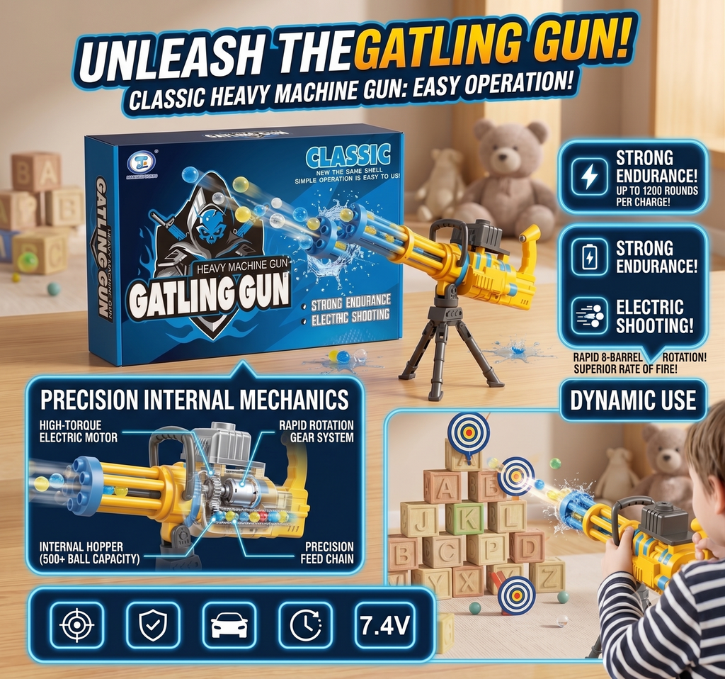 Classic Electric Gatling Gun Toy with Tripod Stand – Automatic Shooting Action for Kids