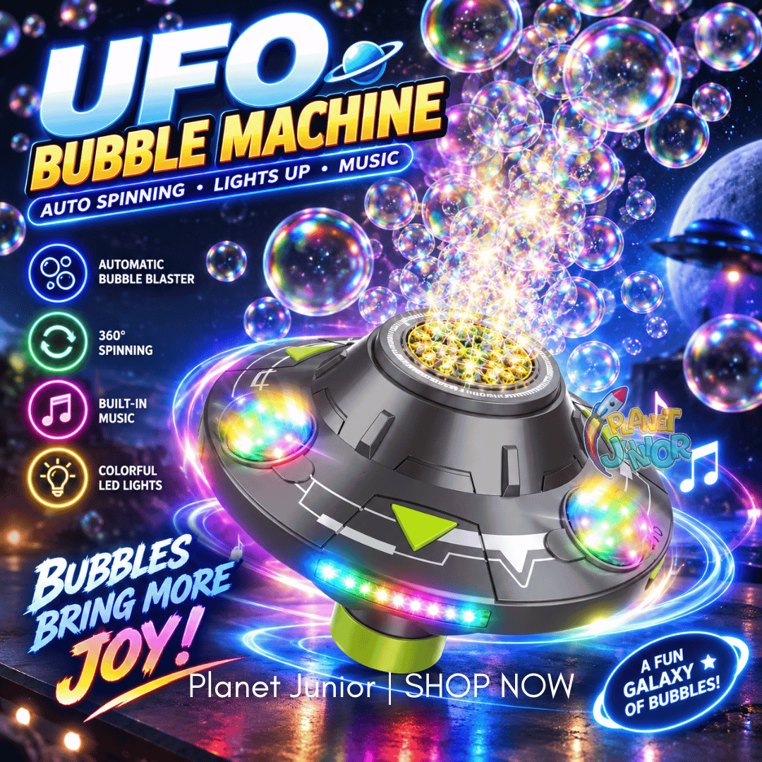 UFO Bubble Machine – Automatic Bubble Maker with Lights, Music & Auto Spinning